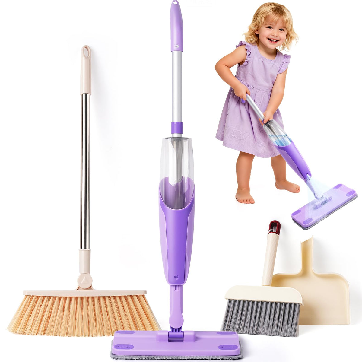 Yeeammk Kids Cleaning Toy Set - Purple Mini Spray Mop & Broom for Toddlers