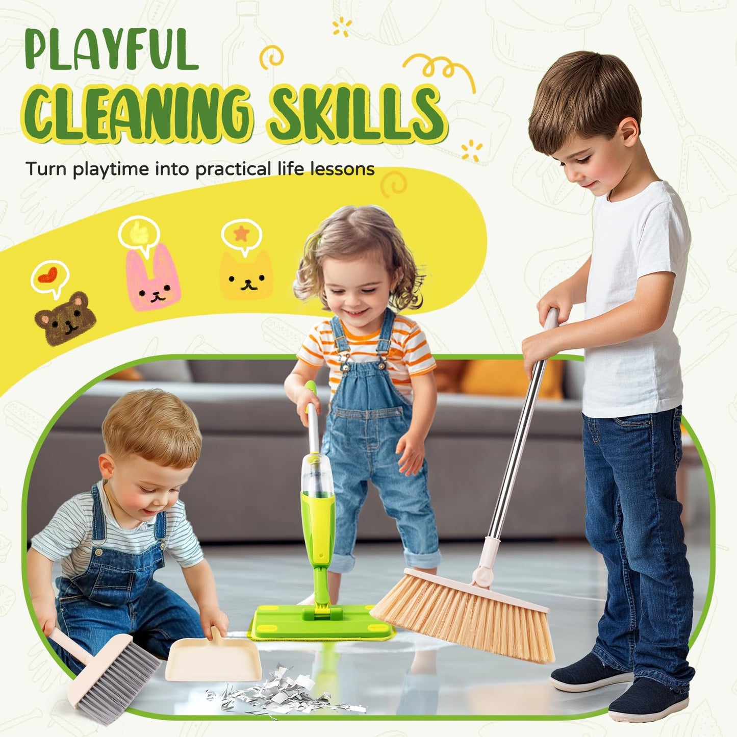 Yeeammk Kids Cleaning Toy Set – Mini Spray Mop, Toddler Broom & Dustpan for Pretend Play | Montessori Gift for Ages 3+