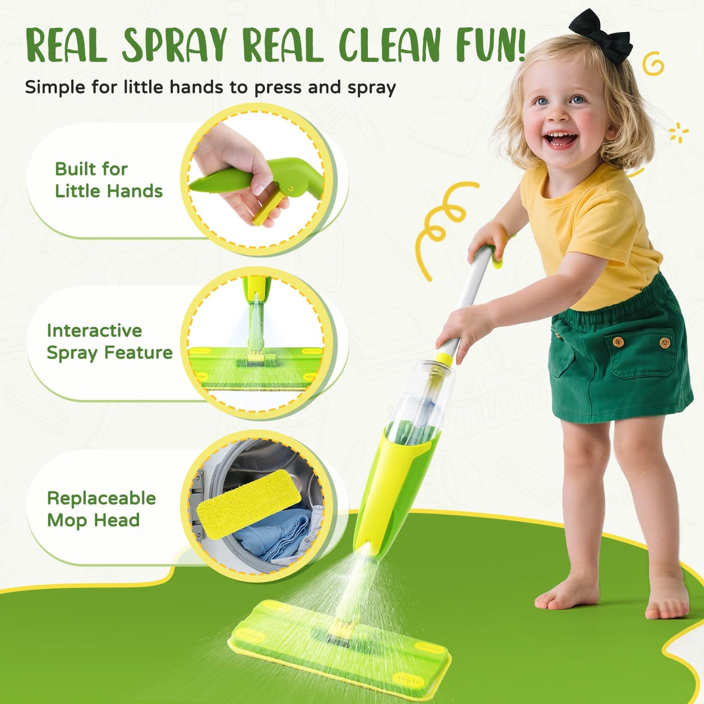 Yeeammk Kids Cleaning Toy Set – Mini Spray Mop, Toddler Broom & Dustpan for Pretend Play | Montessori Gift for Ages 3+