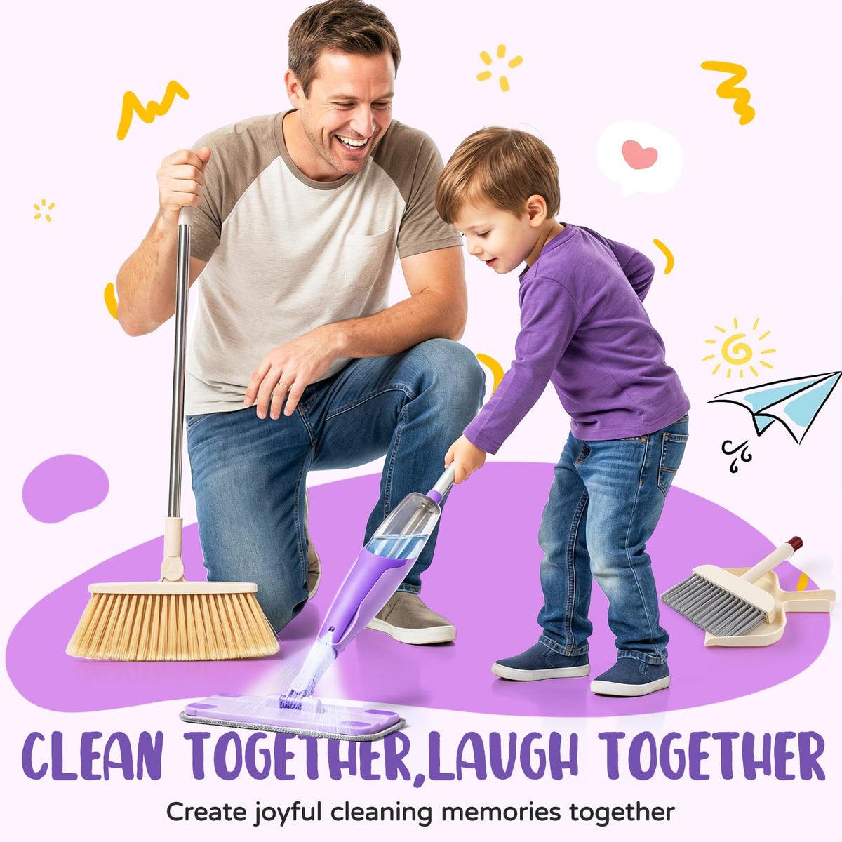 Yeeammk Kids Cleaning Toy Set - Purple Mini Spray Mop & Broom for Toddlers