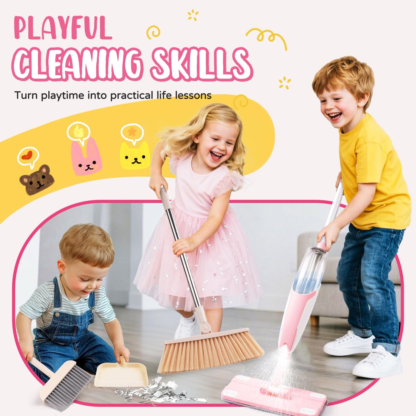 Yeeammk Kids Cleaning Toy Set – Pink Mini Spray Mop & Montessori Pretend Play for Toddlers (Ages 3+)