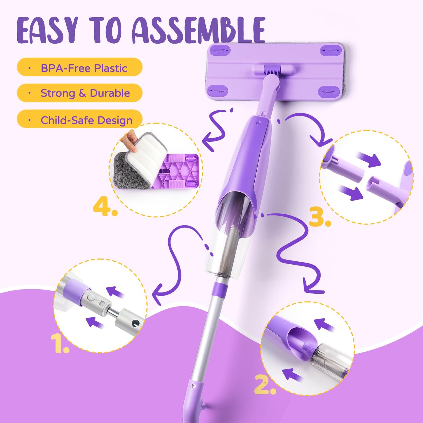 Yeeammk Kids Cleaning Toy Set - Purple Mini Spray Mop & Broom for Toddlers