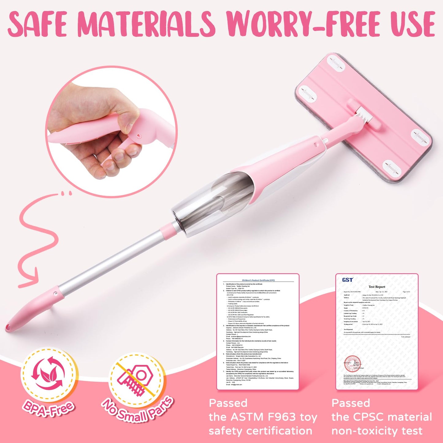 Yeeammk Pink Mini Spray Mop Montessori Toddler Cleaning Toy for Girls 3-8