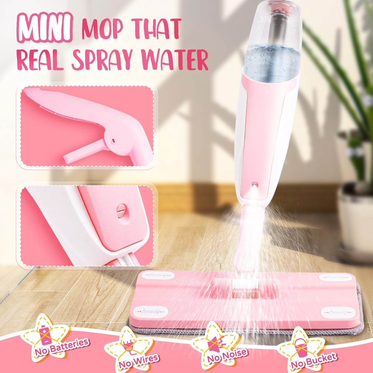 Yeeammk Pink Mini Spray Mop Montessori Toddler Cleaning Toy for Girls 3-8
