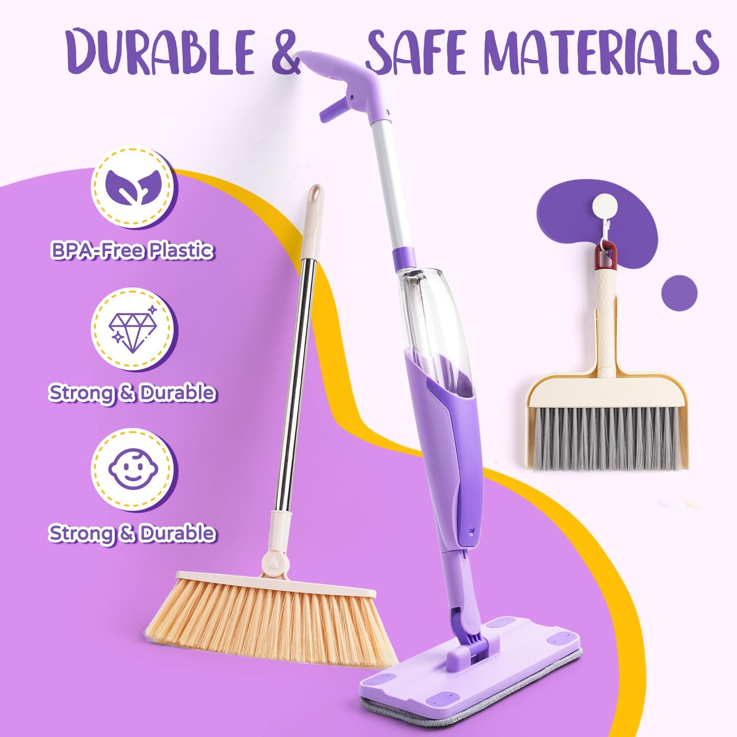 Yeeammk Kids Cleaning Toy Set - Purple Mini Spray Mop & Broom for Toddlers