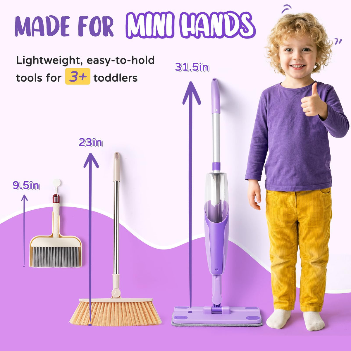 Yeeammk Kids Cleaning Toy Set - Purple Mini Spray Mop & Broom for Toddlers