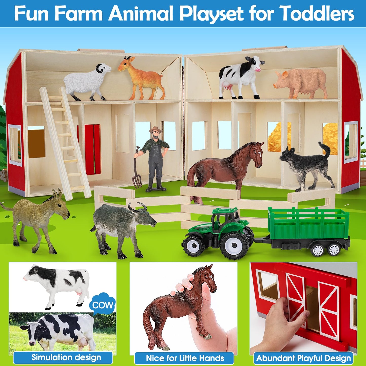 YEEBAY Farm Animals Toys – Wooden Barn Playset for Kids 3+ | Educational, Screen-Free Fun