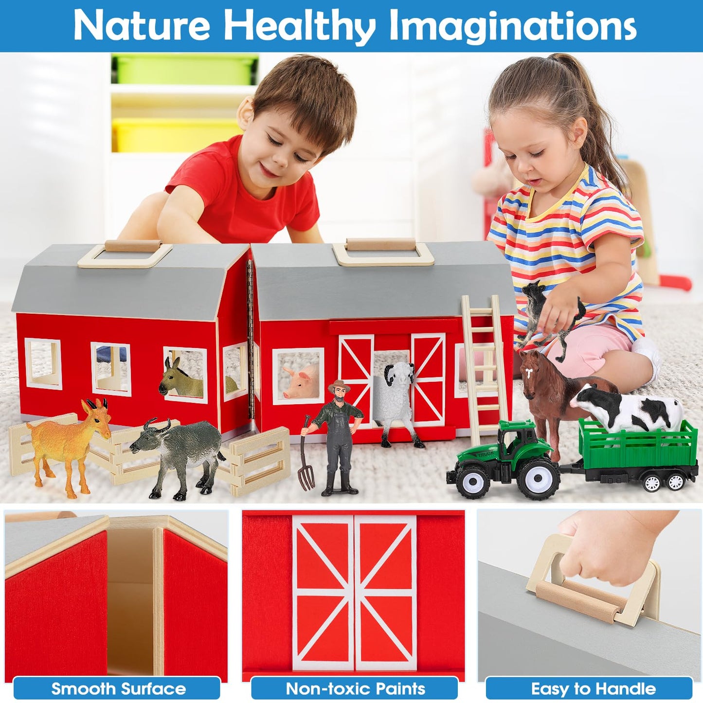YEEBAY Farm Animals Toys – Wooden Barn Playset for Kids 3+ | Educational, Screen-Free Fun