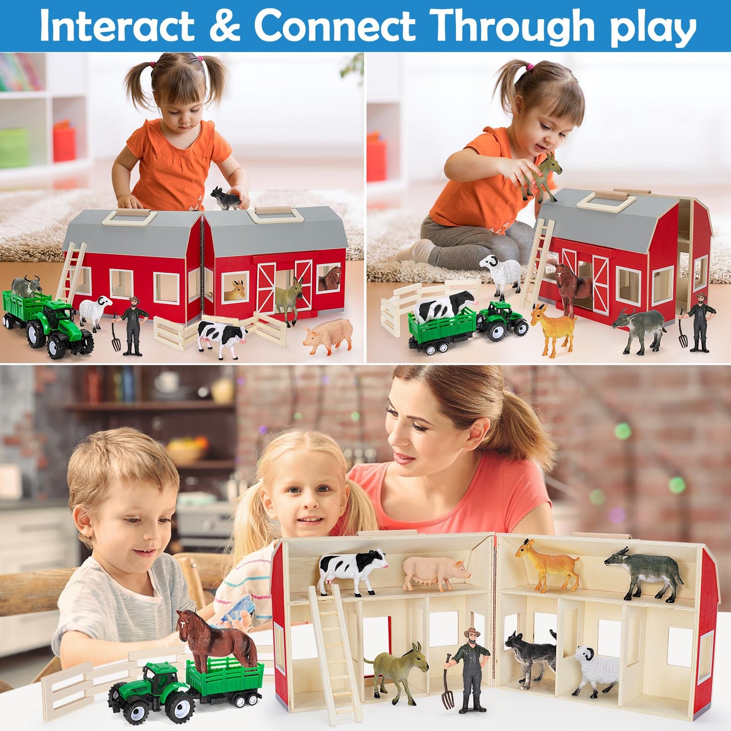 YEEBAY Farm Animals Toys – Wooden Barn Playset for Kids 3+ | Educational, Screen-Free Fun