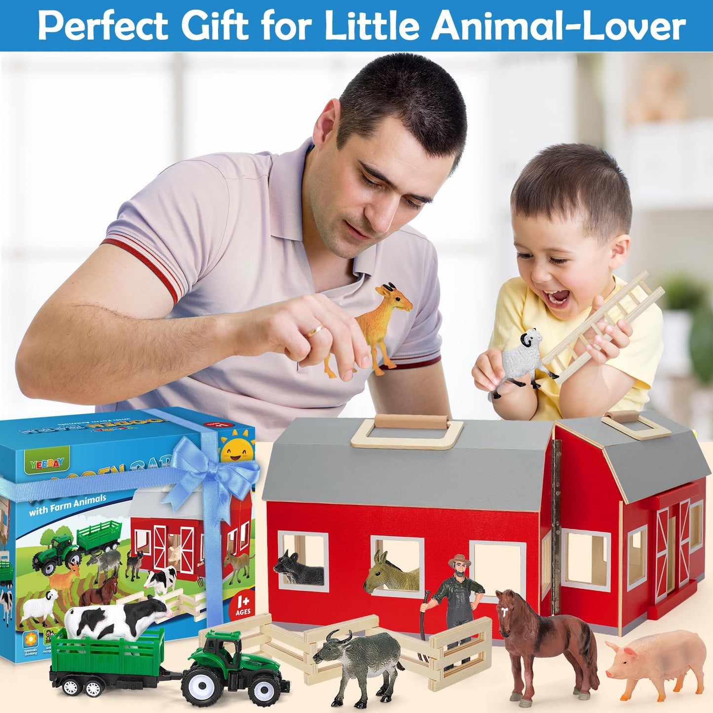 YEEBAY Farm Animals Toys – Wooden Barn Playset for Kids 3+ | Educational, Screen-Free Fun