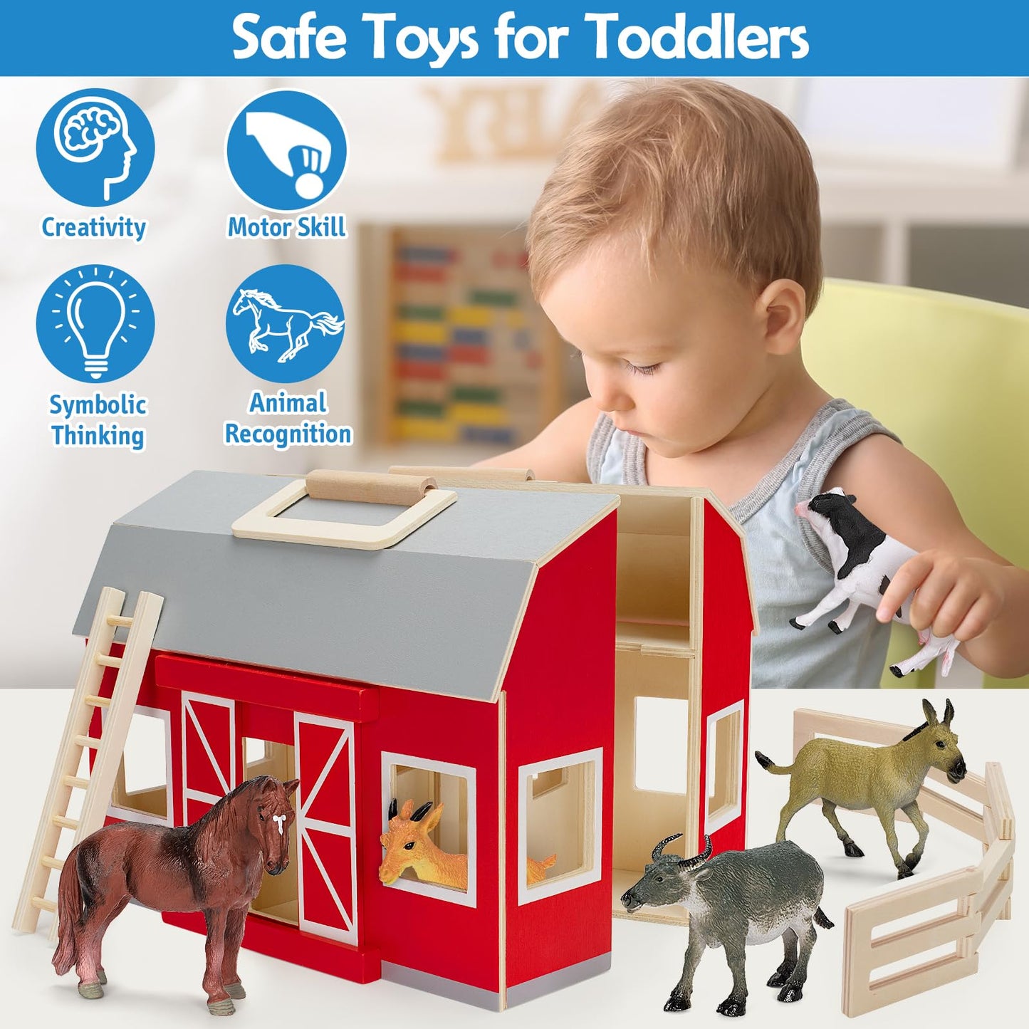YEEBAY Farm Animals Toys – Wooden Barn Playset for Kids 3+ | Educational, Screen-Free Fun