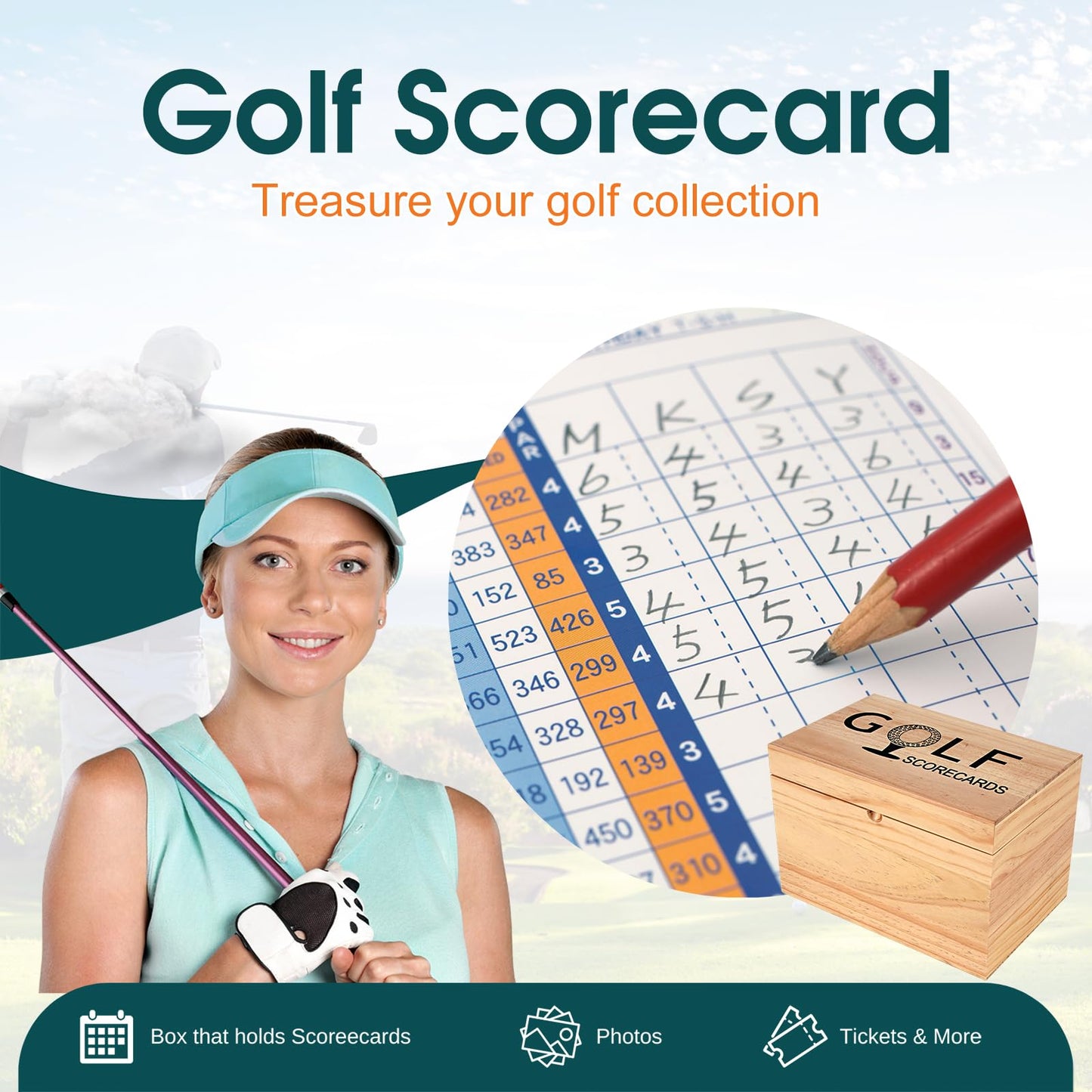 YeeBeny Golf Scorecard Collection Box with 5 Wooden Dividers – Keepsake Storage
