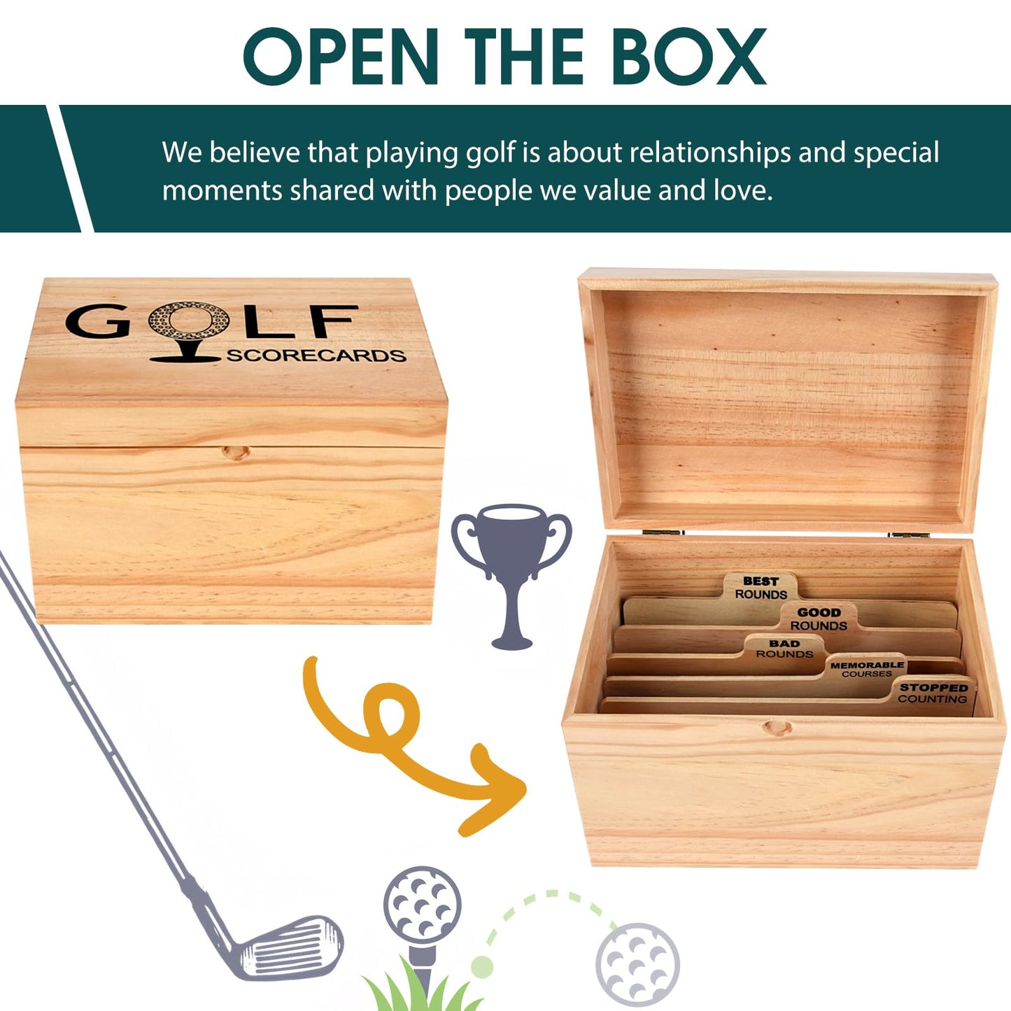 YeeBeny Golf Scorecard Collection Box with 5 Wooden Dividers – Keepsake Storage