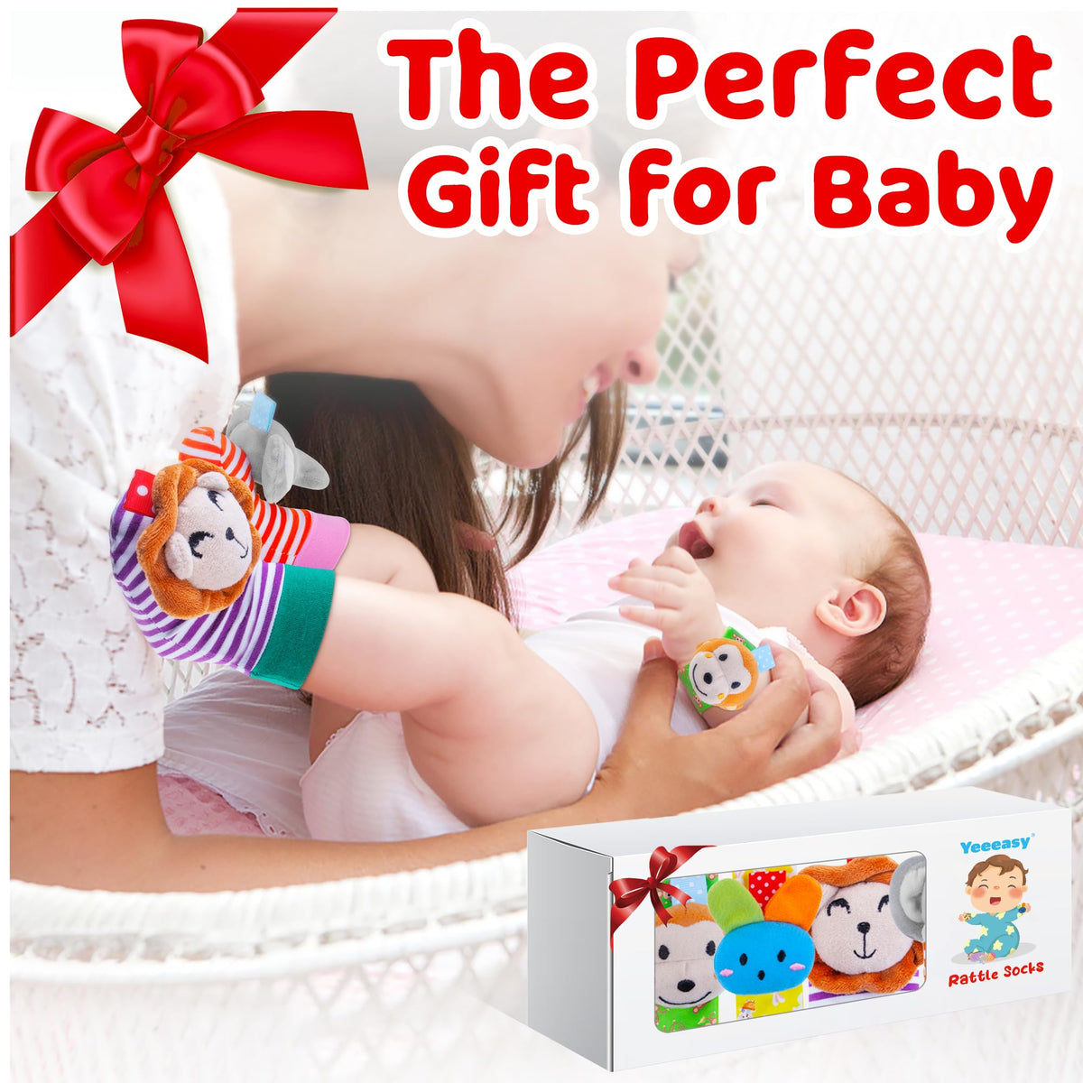Yeeeasy Baby Rattle Socks & Wrist Strap Set – 100% Cotton Infant Toys for 0–12 Months