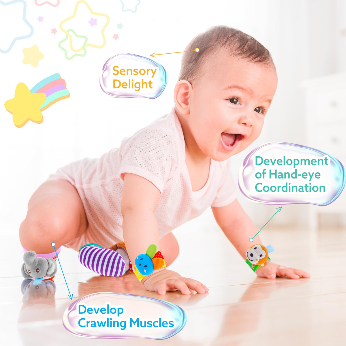 Yeeeasy Baby Rattle Socks & Wrist Strap Set – 100% Cotton Infant Toys for 0–12 Months