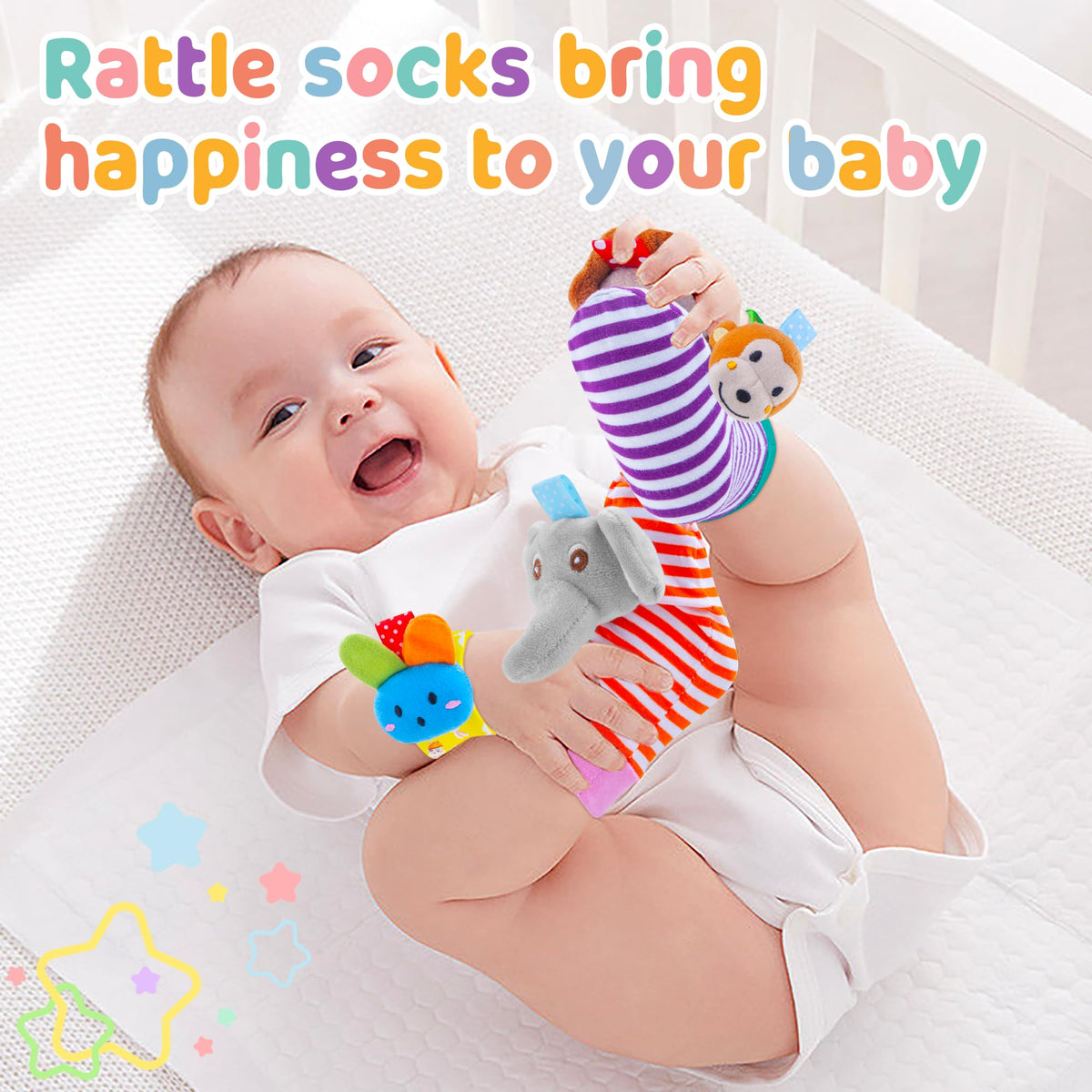 Yeeeasy Baby Rattle Socks & Wrist Strap Set – 100% Cotton Infant Toys for 0–12 Months