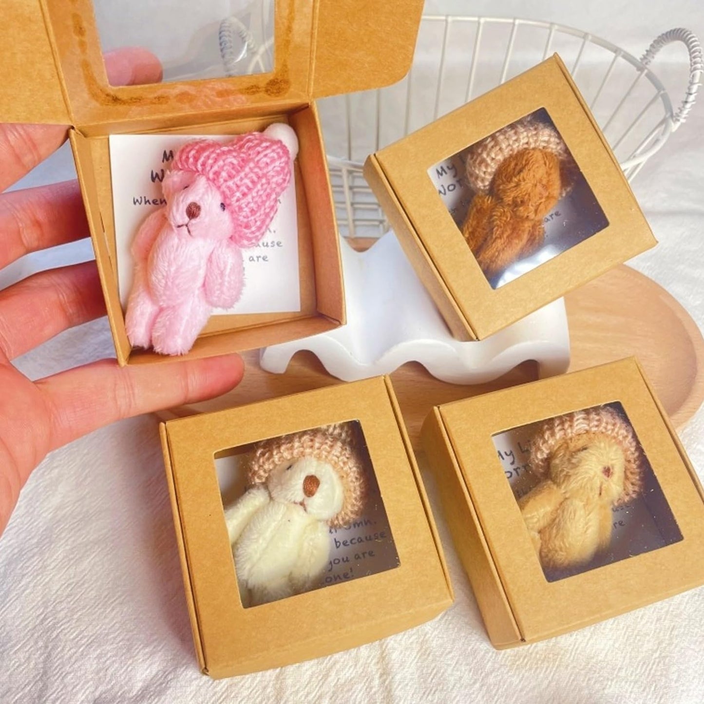 Yeesam Handmade Mini Plush Teddy Bear in a Box – Pink Worry Bear Pocket Hug Keepsake
