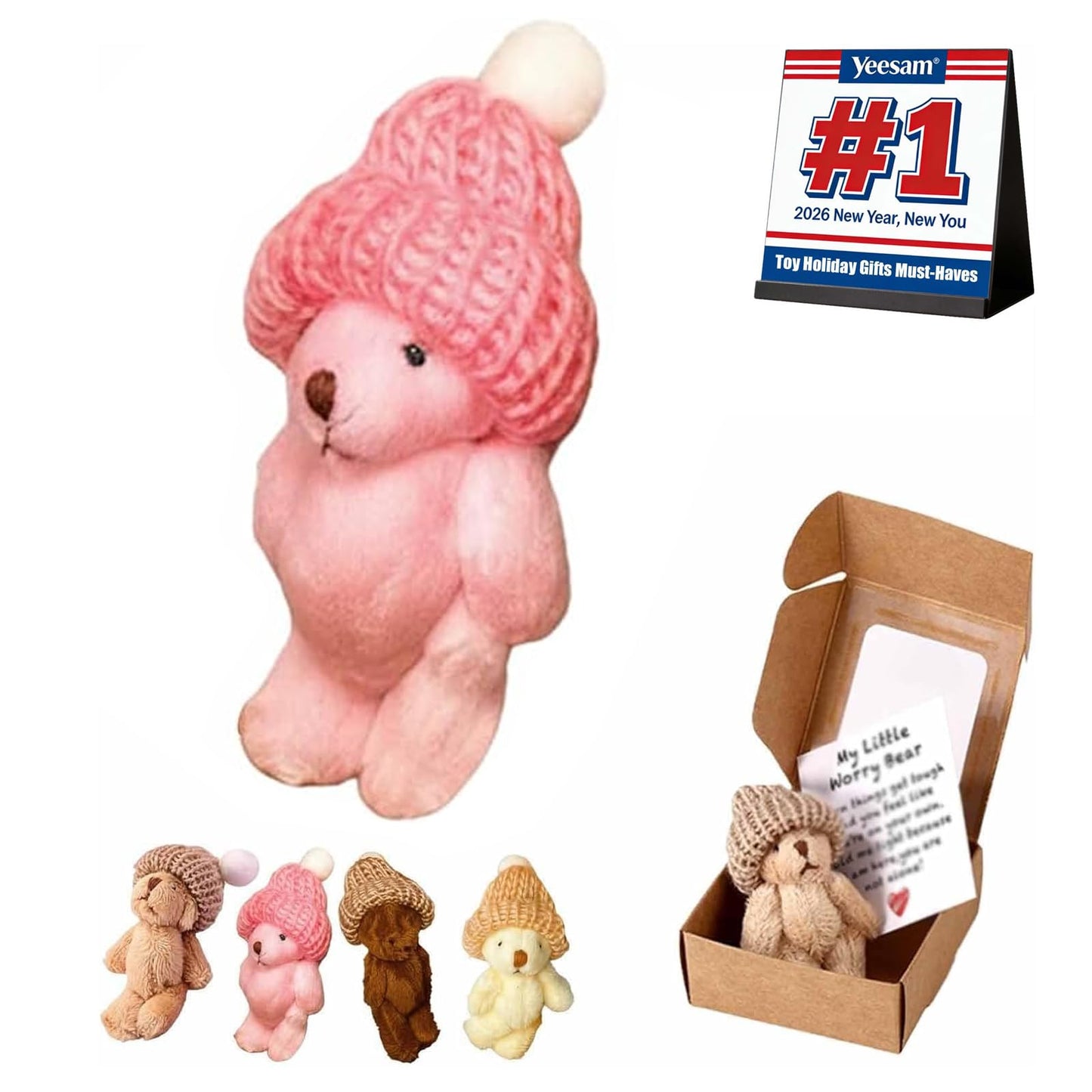 Yeesam Handmade Mini Plush Teddy Bear in a Box – Pink Worry Bear Pocket Hug Keepsake