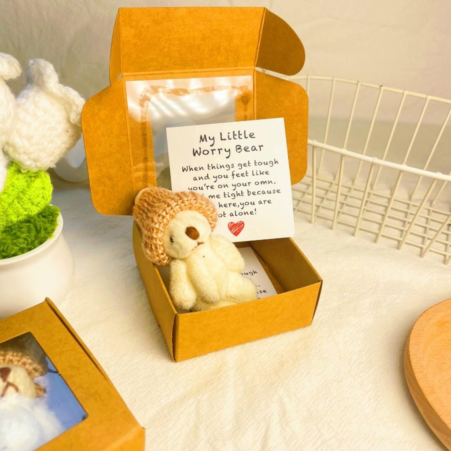Yeesam Handmade Mini Plush Teddy Bear in a Box – Pink Worry Bear Pocket Hug Keepsake