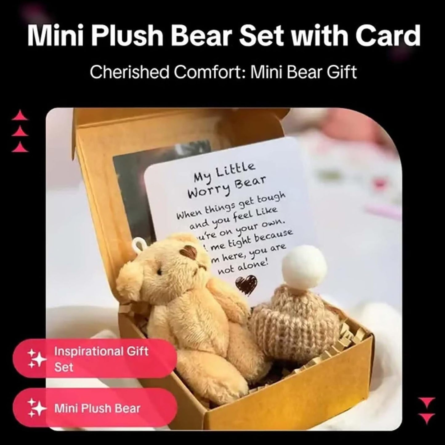 Yeesam Handmade Mini Plush Teddy Bear in a Box – Pink Worry Bear Pocket Hug Keepsake