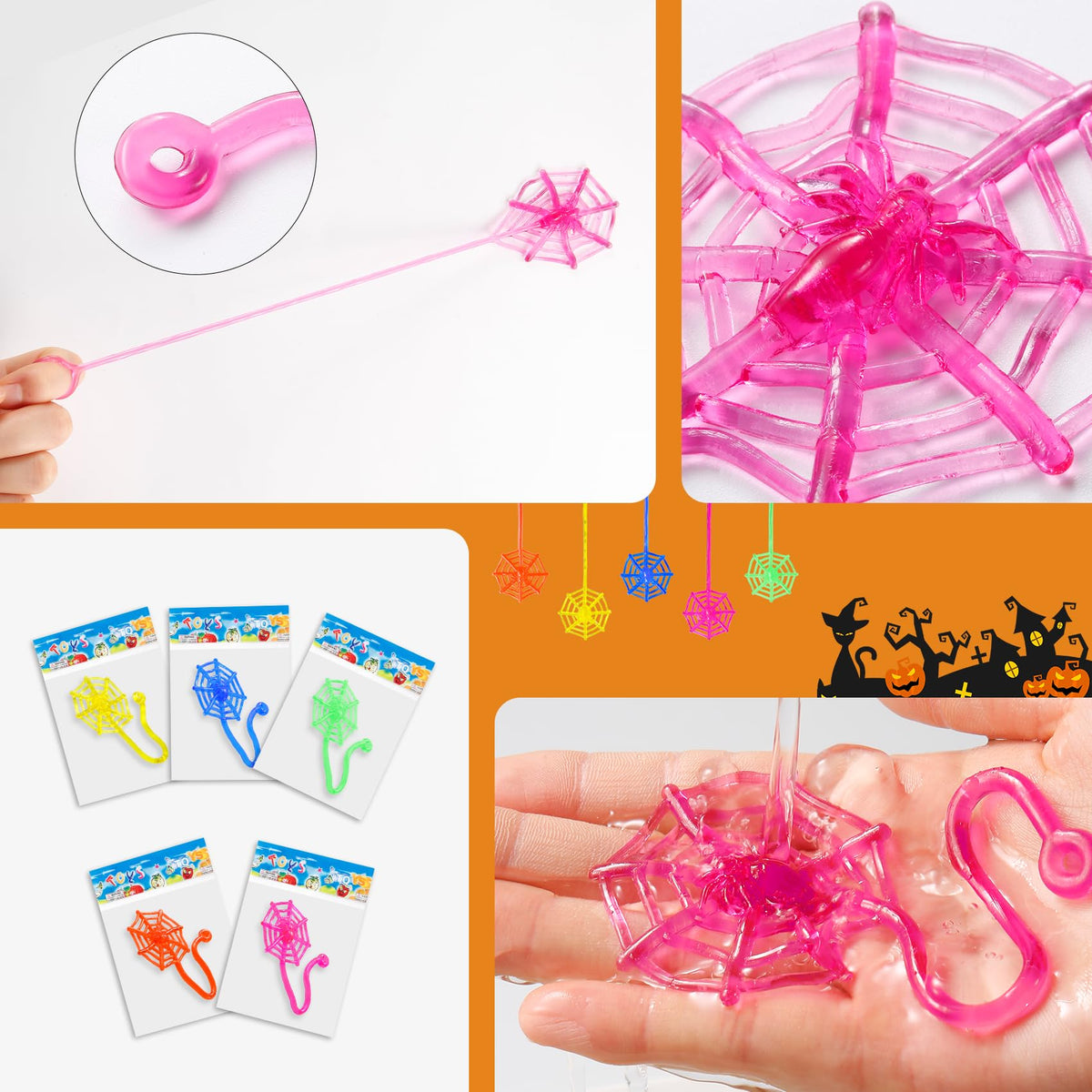 Yeetec 12 Pack Sticky Spider Web Cobweb Hands – Stretchy Sensory Toys for Halloween Party Favors