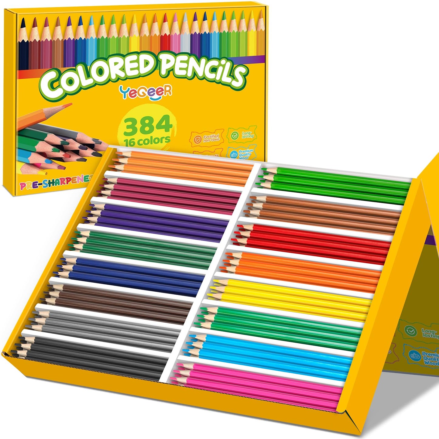 YEGEER 384-Count Colored Pencils Bulk – 16 Colors, Pre-Sharpened, Classroom & Back-to-School