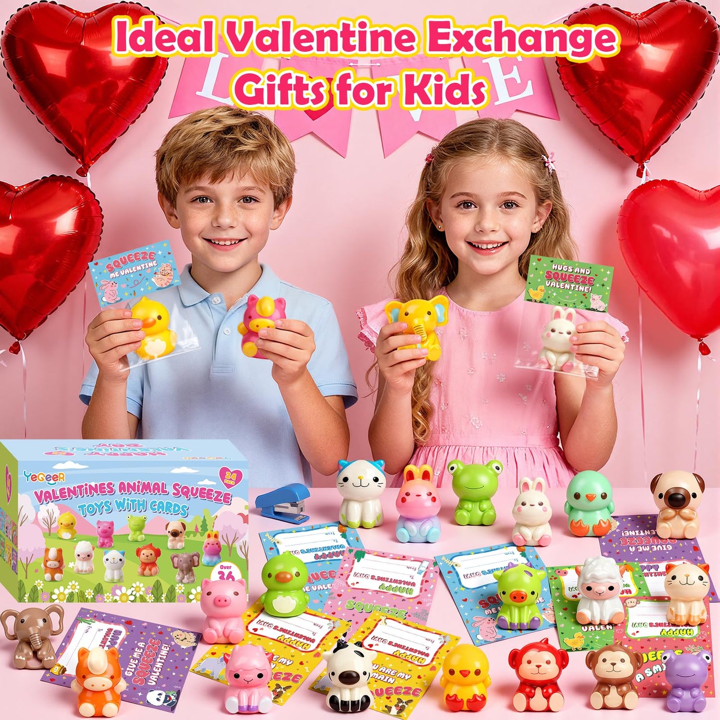 YEGEER Valentines Day Cards for Kids – 24 Pack with Slow-Rise Animal Toys for Classroom Exchanges