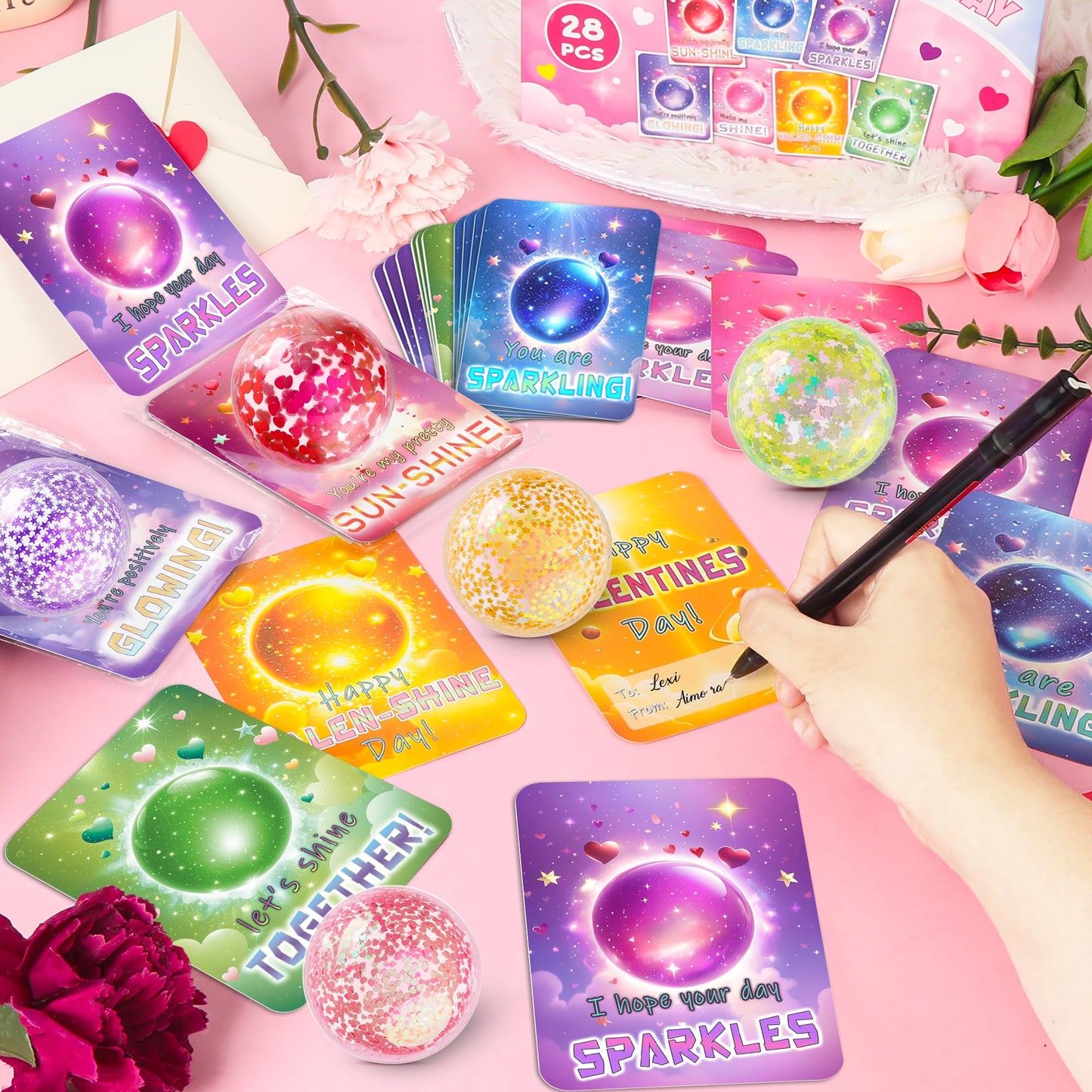 YEGEER 28-Pack Valentines Day Gifts for Kids: Cards & Stretchy Ball Toys