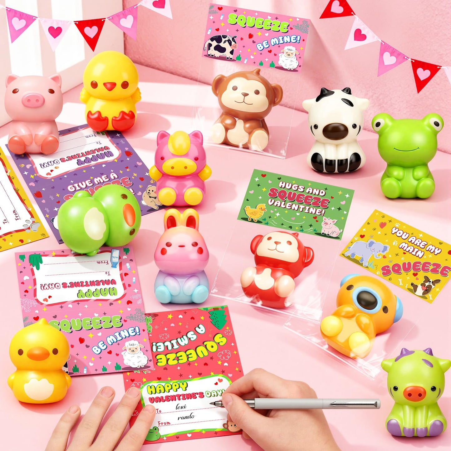 YEGEER Valentines Day Cards for Kids – 24 Pack with Slow-Rise Animal Toys for Classroom Exchanges