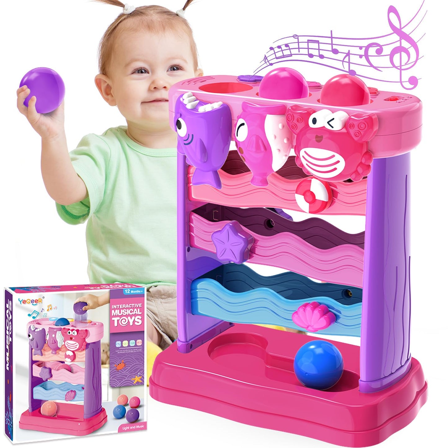 YEGEER Ocean Theme Musical Toy for Toddlers – Pink Montessori Interactive Toy