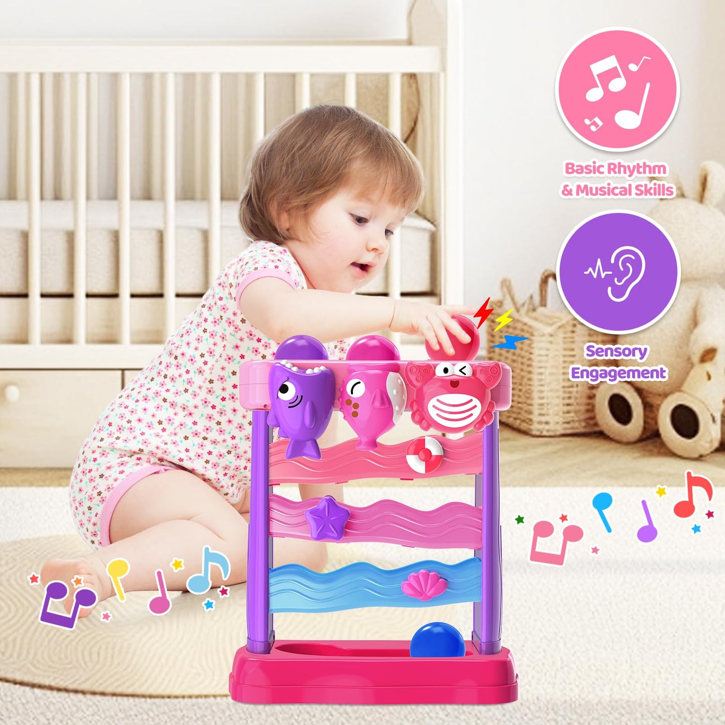 YEGEER Ocean Theme Musical Toy for Toddlers – Pink Montessori Interactive Toy