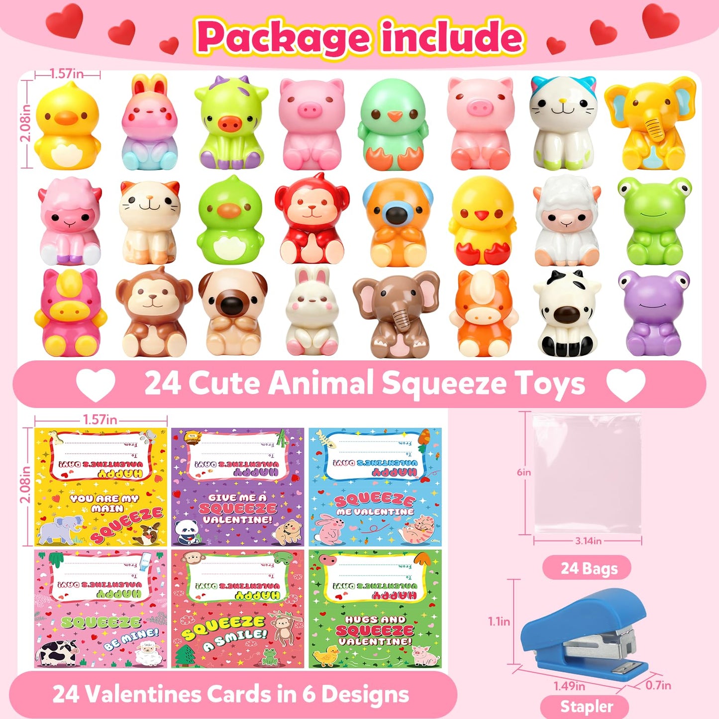 YEGEER Valentines Day Cards for Kids – 24 Pack with Slow-Rise Animal Toys for Classroom Exchanges