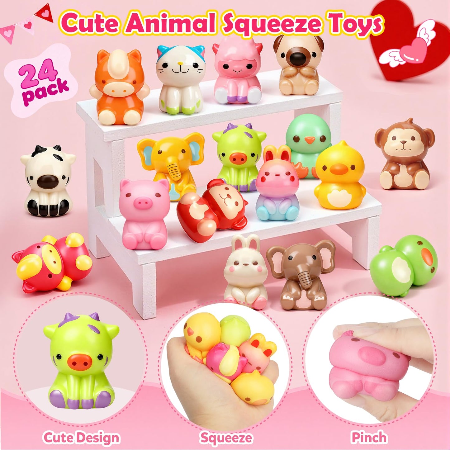 YEGEER Valentines Day Cards for Kids – 24 Pack with Slow-Rise Animal Toys for Classroom Exchanges