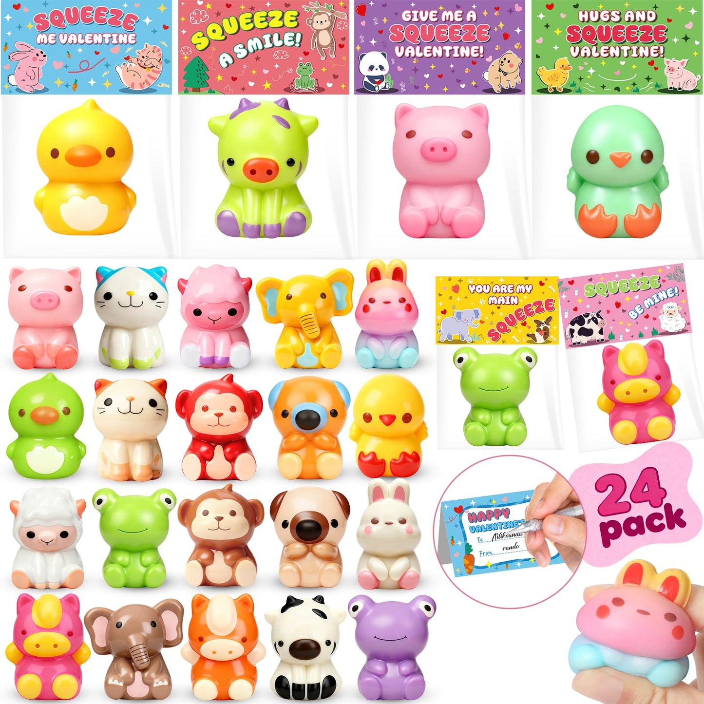YEGEER Valentines Day Cards for Kids – 24 Pack with Slow-Rise Animal Toys for Classroom Exchanges