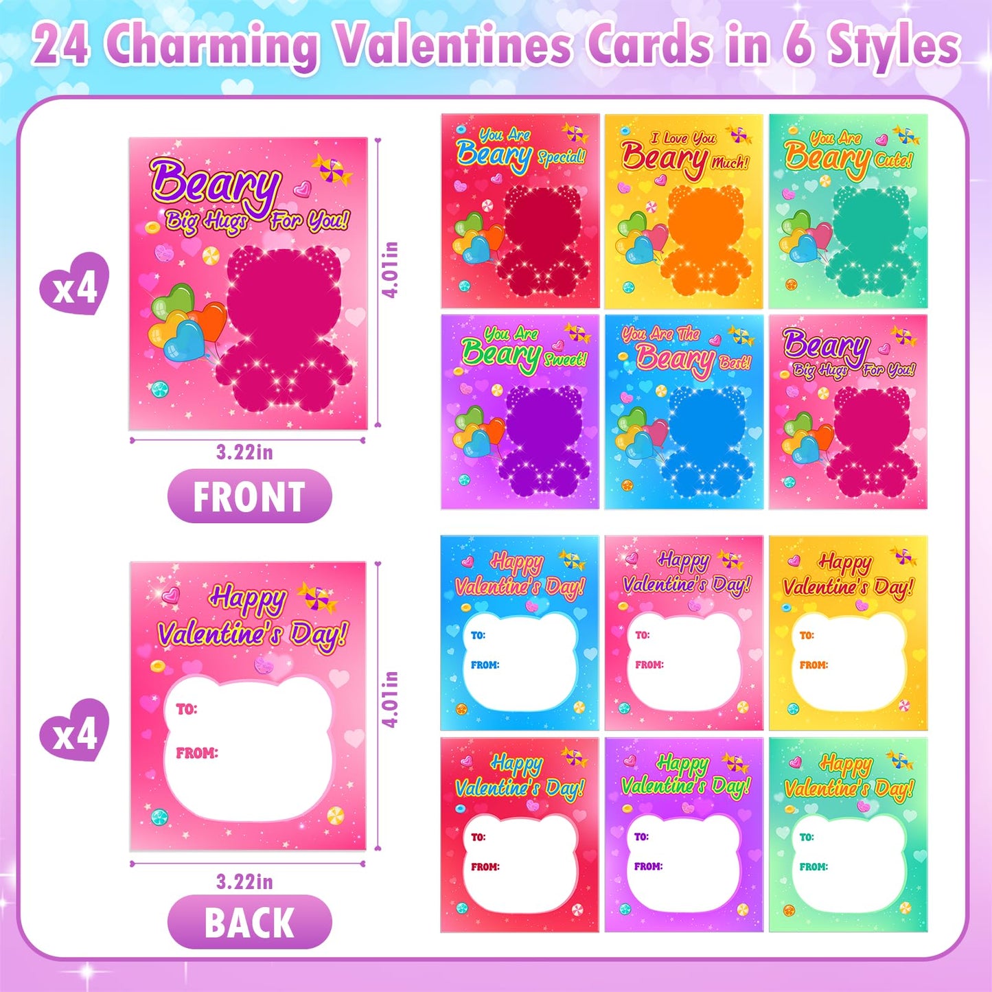 YEGEER 24-Pack Valentines Day Gifts for Kids – 24 Stretchy Bear Toys & Cards, Classroom Prizes & Party Favors