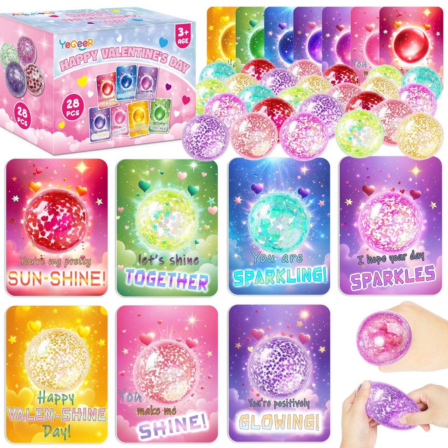 YEGEER 28-Pack Valentines Day Gifts for Kids: Cards & Stretchy Ball Toys