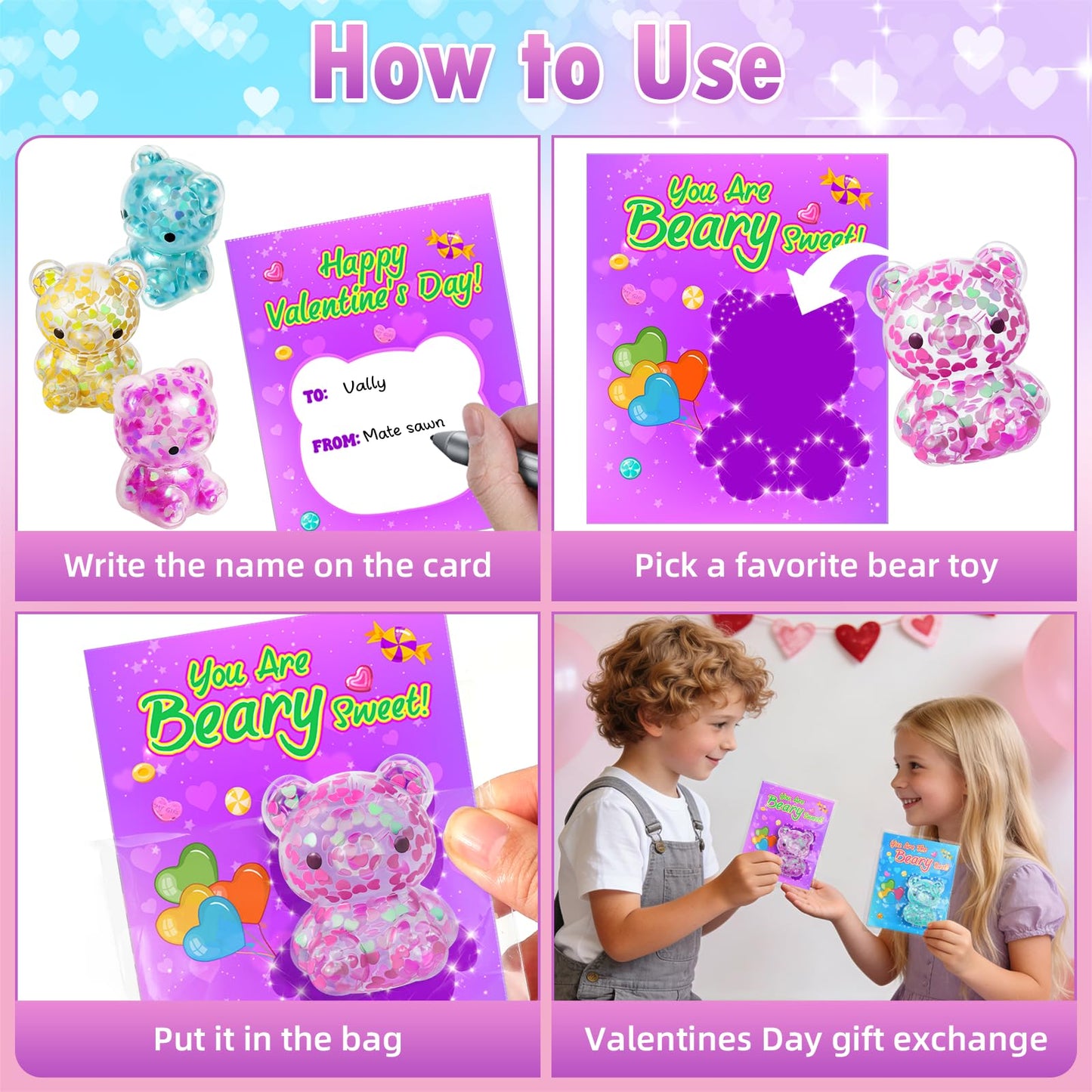 YEGEER 24-Pack Valentines Day Gifts for Kids – 24 Stretchy Bear Toys & Cards, Classroom Prizes & Party Favors