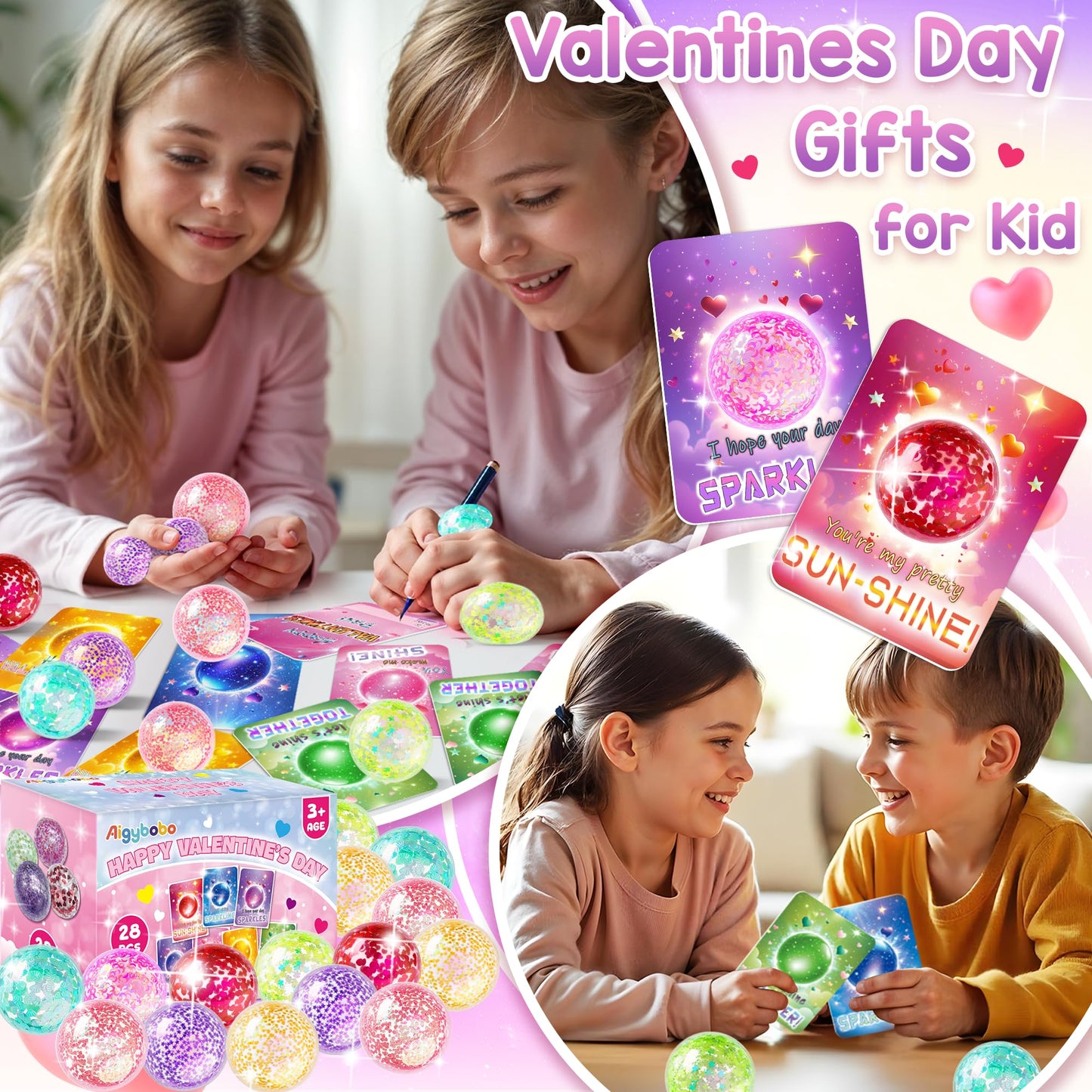 YEGEER 28-Pack Valentines Day Gifts for Kids: Cards & Stretchy Ball Toys