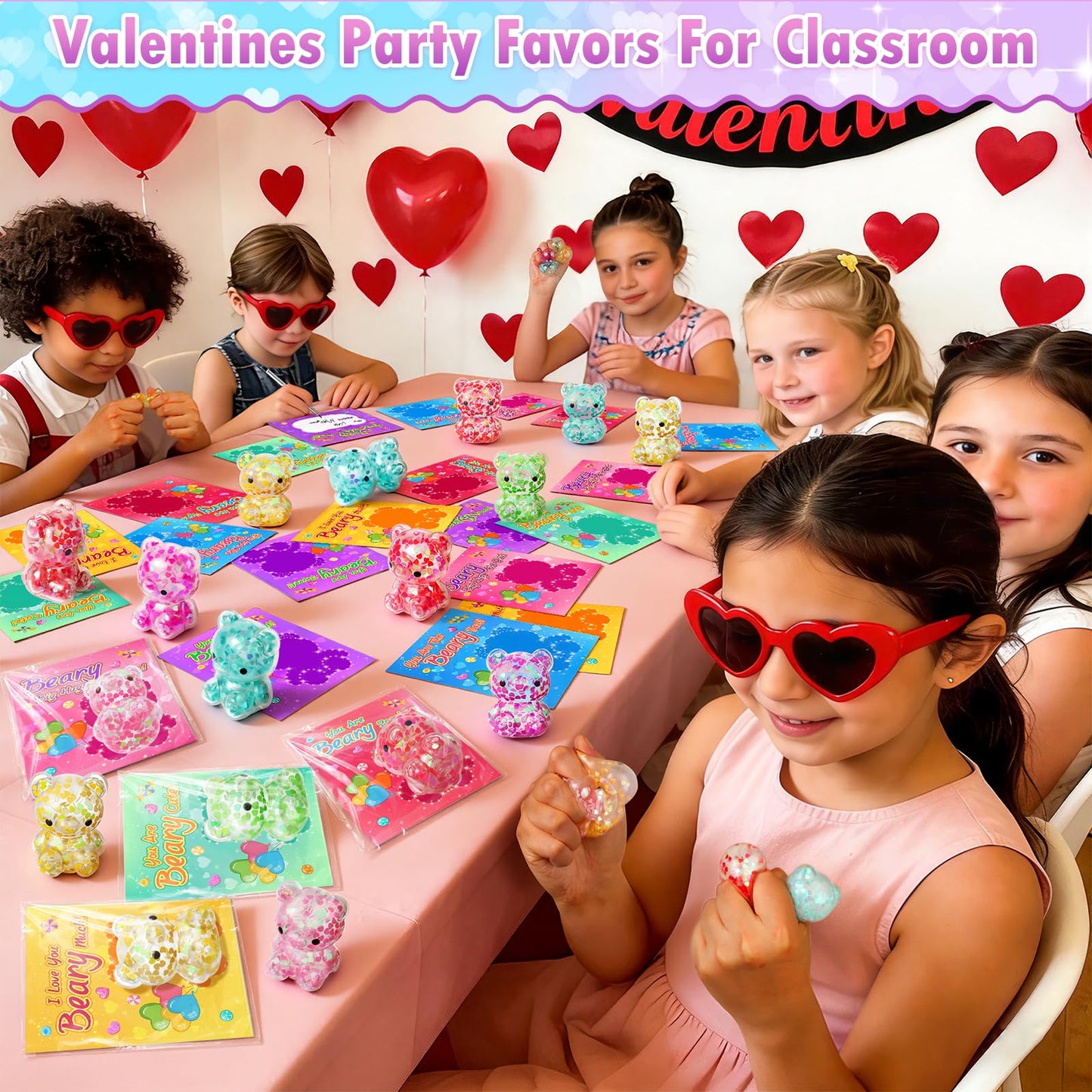YEGEER 24-Pack Valentines Day Gifts for Kids – 24 Stretchy Bear Toys & Cards, Classroom Prizes & Party Favors