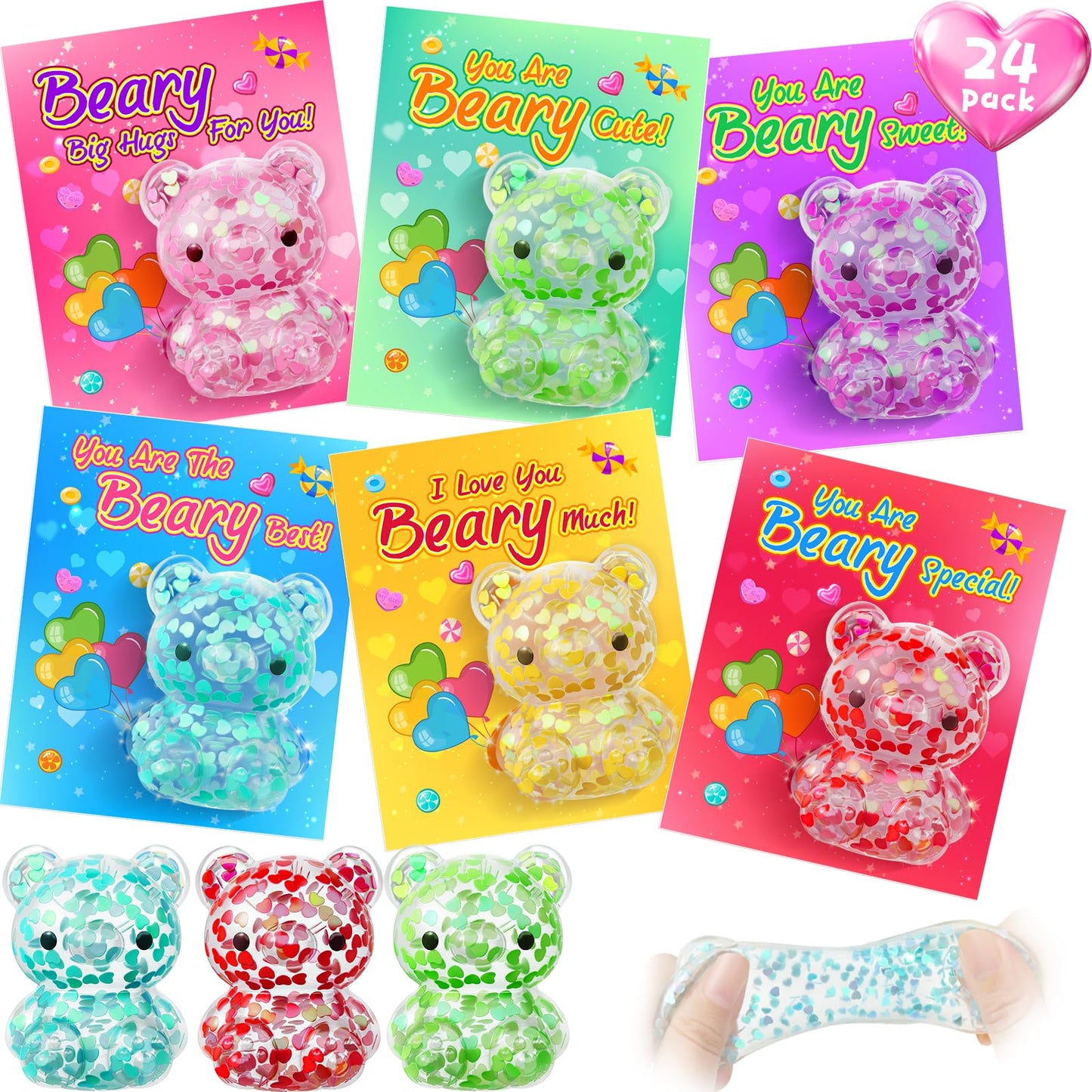 YEGEER 24-Pack Valentines Day Gifts for Kids – 24 Stretchy Bear Toys & Cards, Classroom Prizes & Party Favors