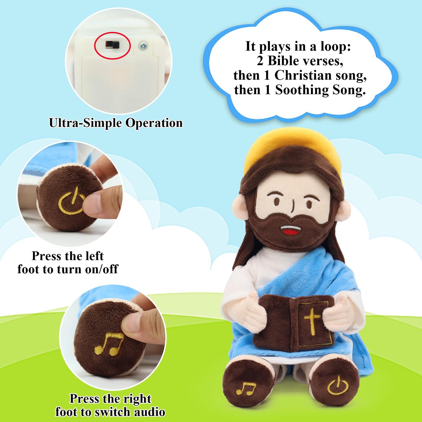 Yelakey Jesus Plush Talking Doll with Halo – 13.4 inch Interactive Bible Verse Plush for Kids