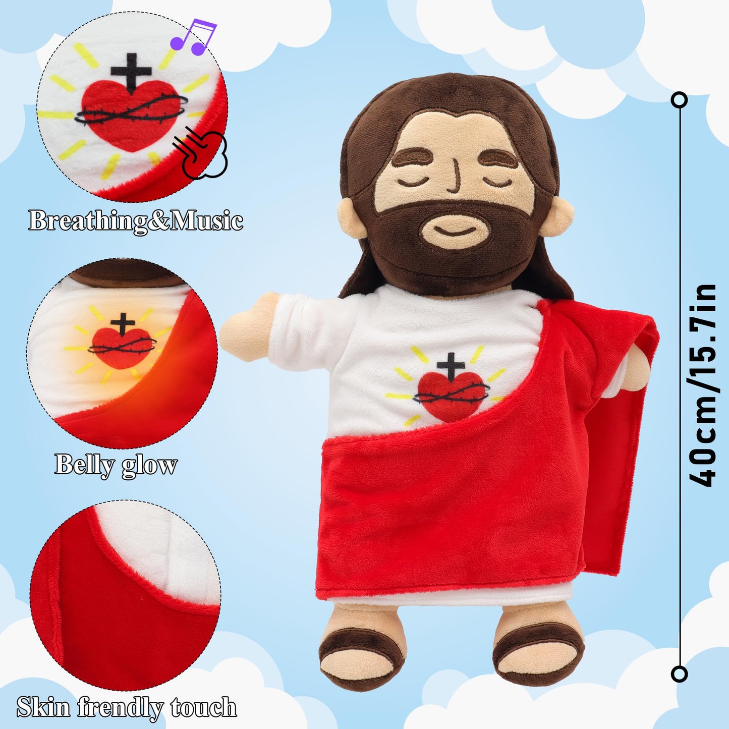 Yelakey Jesus Plush — Breathing with Glow & Songs, Soothing Jesus Stuffed Doll for Kids
