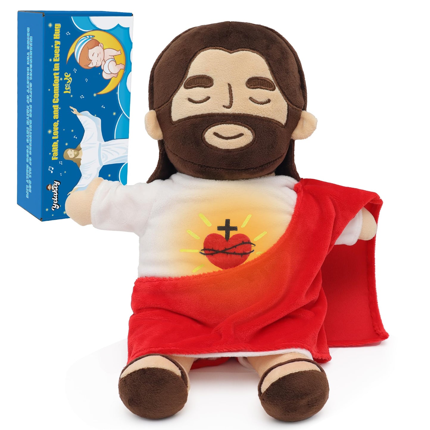 Yelakey Jesus Plush — Breathing with Glow & Songs, Soothing Jesus Stuffed Doll for Kids