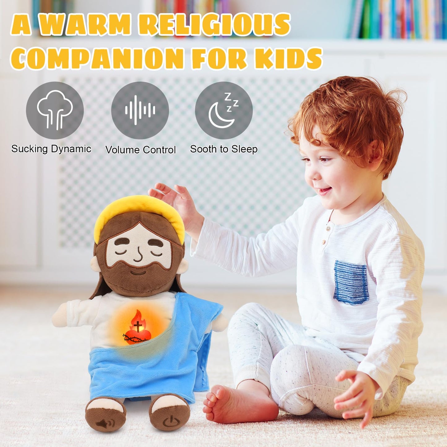 Yelakey Soothing Jesus Plush with Light and Sound | 15-Inch Breathing Plush for Kids