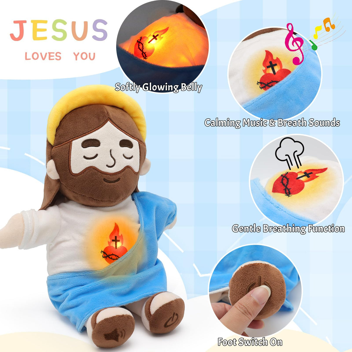 Yelakey Soothing Jesus Plush with Light and Sound | 15-Inch Breathing Plush for Kids