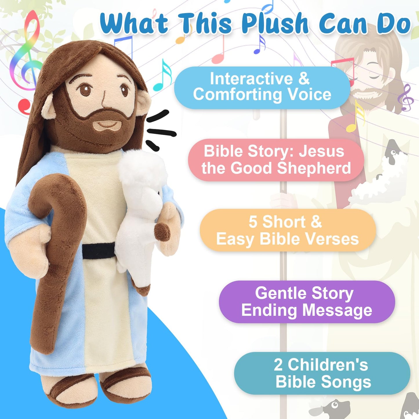 Yelakey Good Shepherd Jesus Plush Talking Doll – 15'' with Bible Verses & Songs