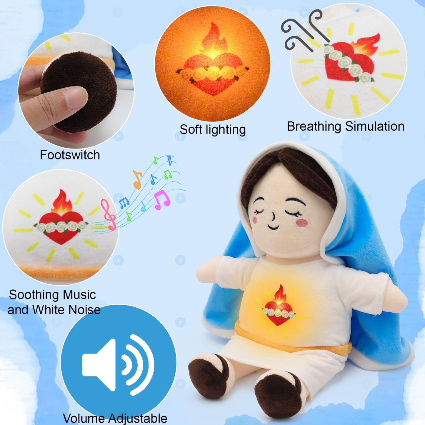 Yelakey Breathing Virgin Mary Plush Doll – Light, Sound & Comfort for Kids