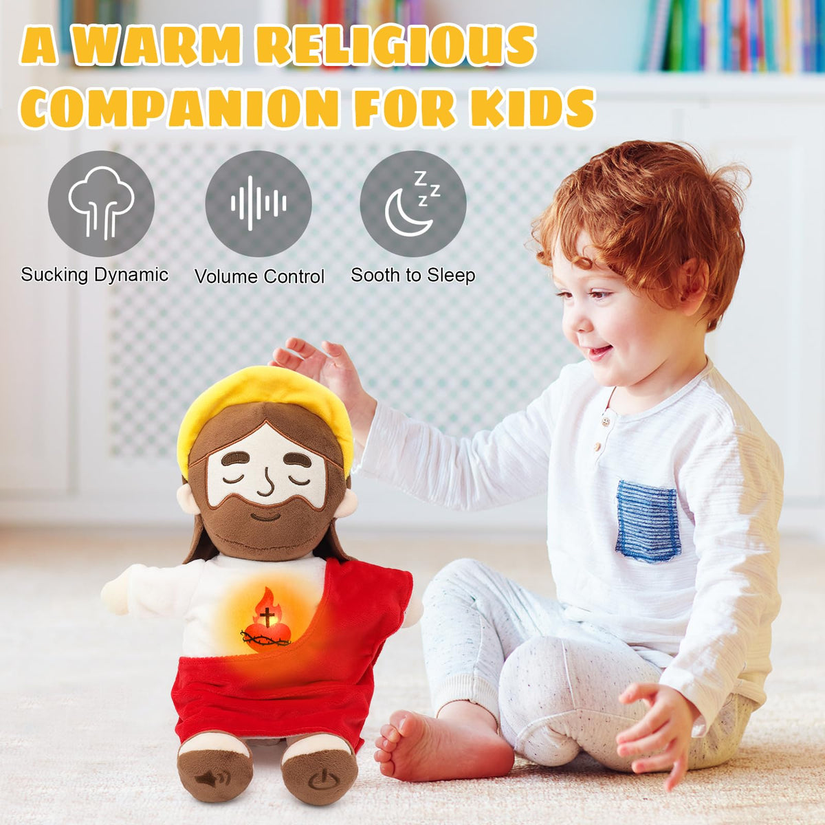 Yelakey Soothing Jesus Plush Toy with Light & Sound – 15-Inch Breathing Plush for Kids
