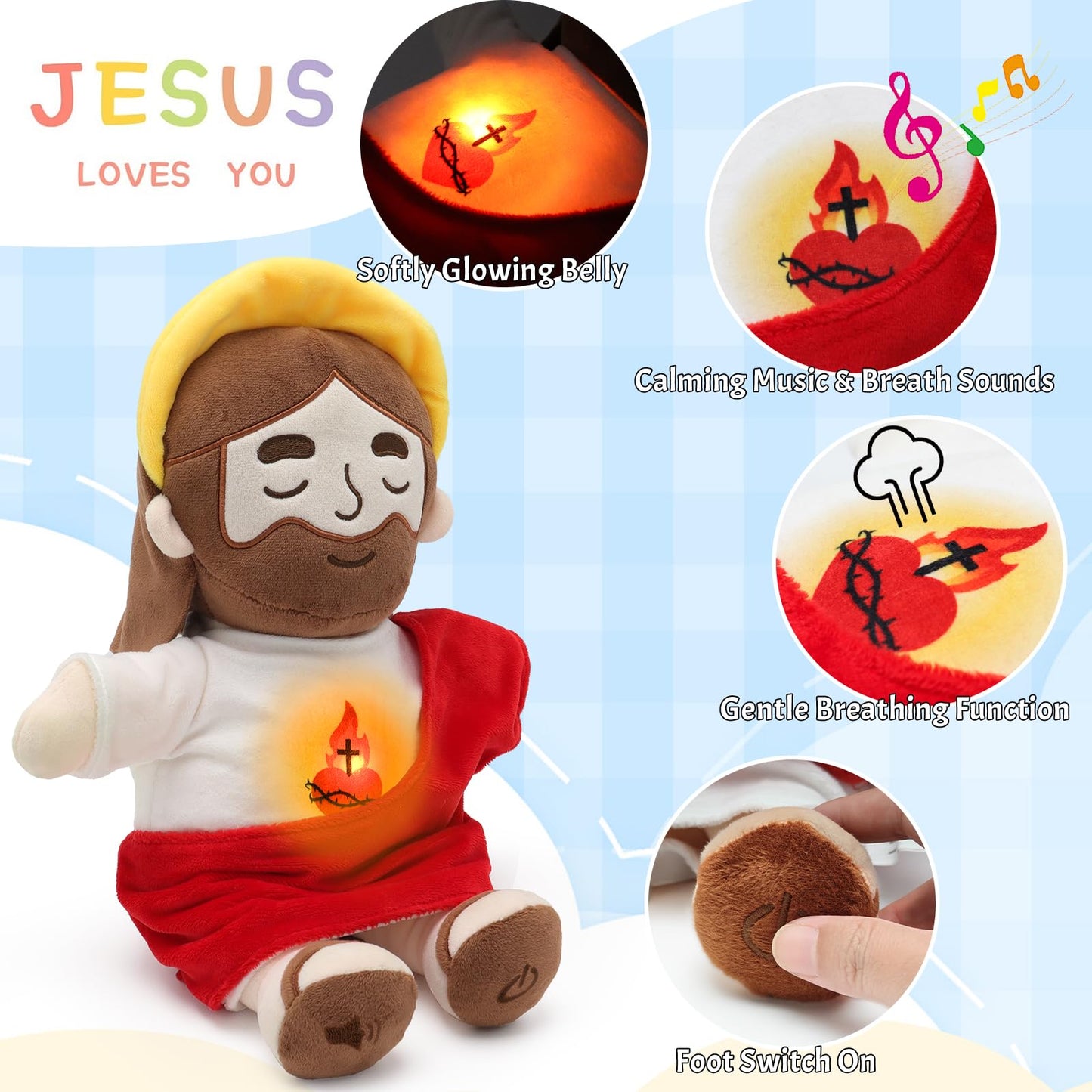Yelakey Soothing Jesus Plush Toy with Light & Sound – 15-Inch Breathing Plush for Kids