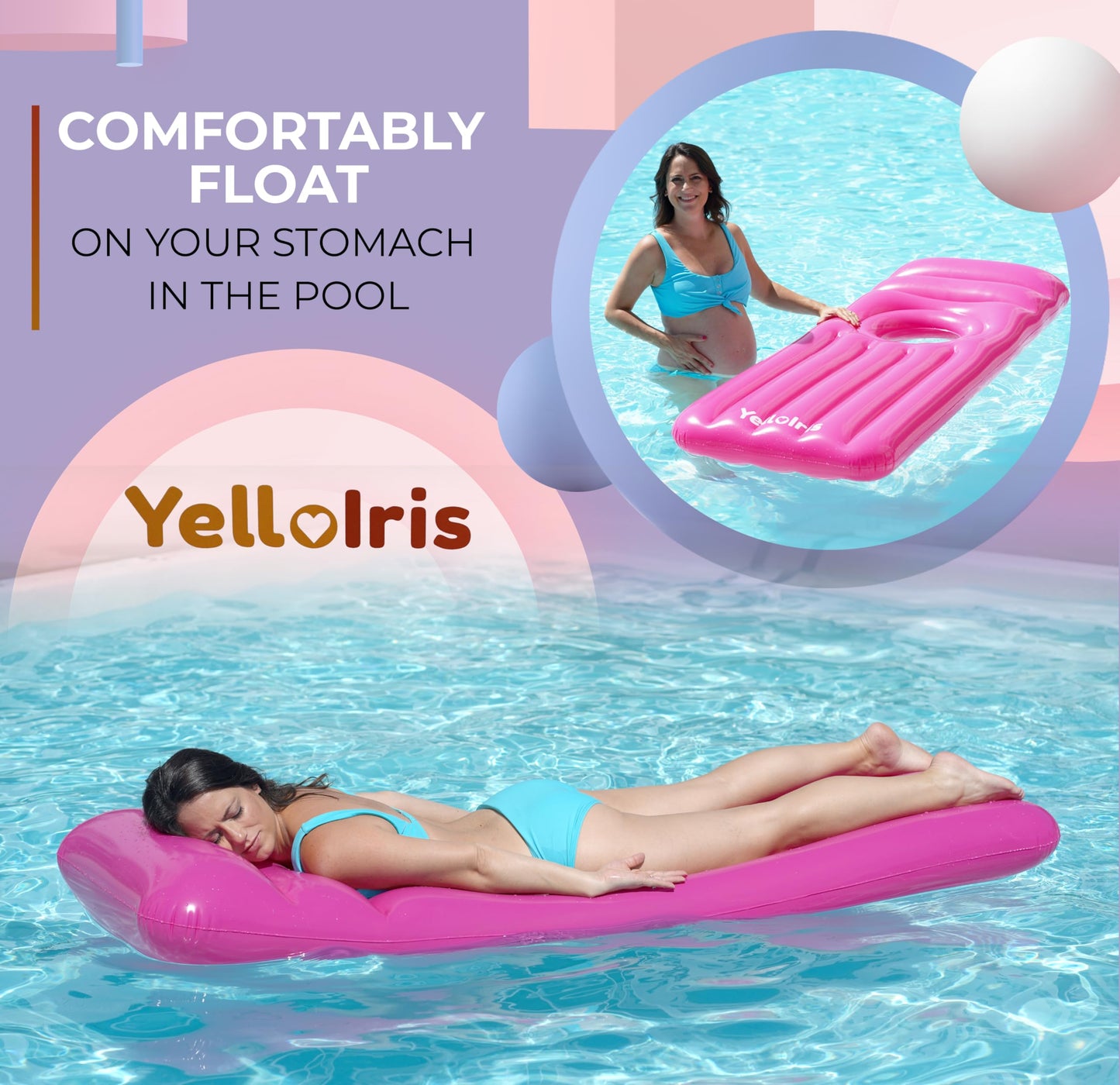YelloIris Inflatable Pregnancy Pool Float with Belly Hole – Full-Body Maternity Airbed (Pink)